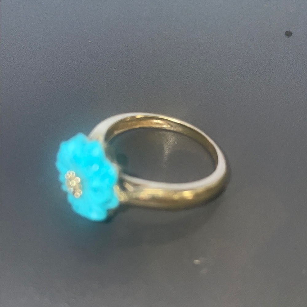Gold  10 K Sleeping BeautyTurquoise Flower Ring w/Yellow Diamond Accents Size 7 - Picture 6 of 10